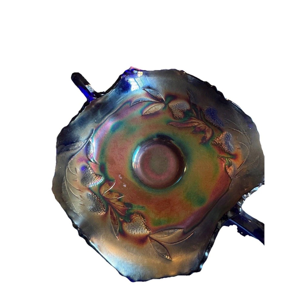 Fenton Blue Strawberry Carnival Glass 2-Handled Bonbon Electric Iridescent